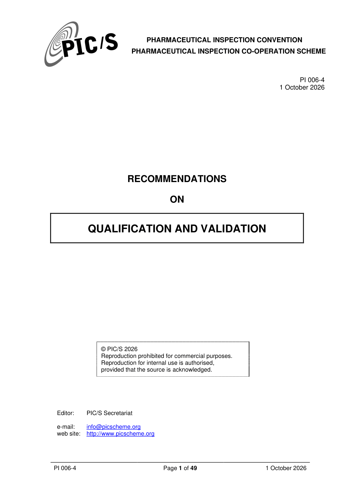 Front page of PIC/S PI 006-4, Recommendations on Qualification and Validation (source: PIC/S)